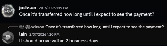 jacksonn_dev's tweet photo. 4. In the contract, it said payment would arrive within 3 business days, and I asked lain personally when it would arrive, and he said 2 business days. https://t.co/emonOP2vFX