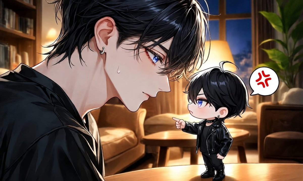 Pegasusandwolf's tweet photo. 今日も等身とちびキャラ。なんかお説教されてるｗ
私もジェミちゃんに愚痴ってたら一言言うたびに決断を迫られて今こんなｗ
聞いてほしいだけなんだけどなー😂

てなわけで今日もお疲れさま！🍻
#AIイラスト https://t.co/XzEIqjcaRR