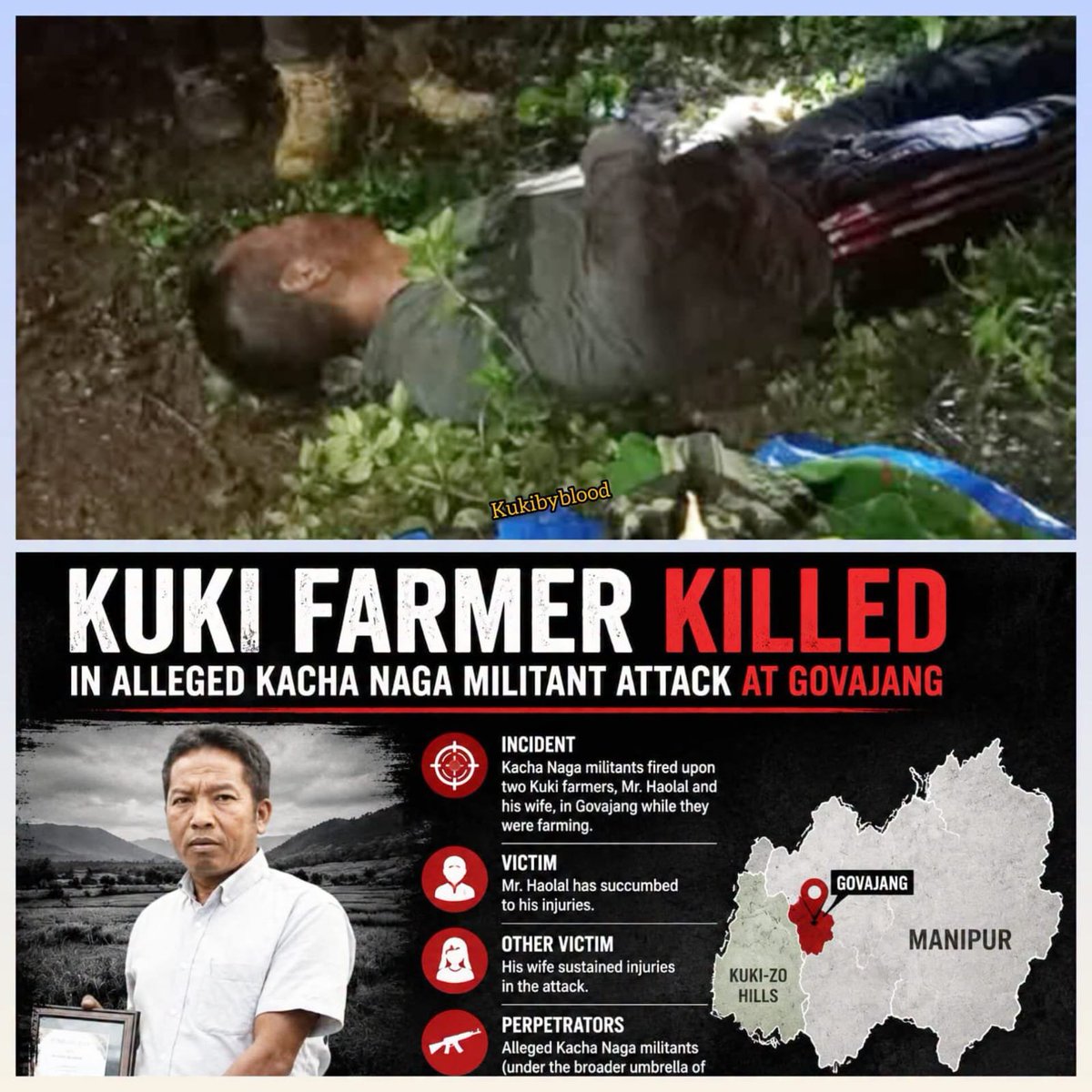 GalngamLenkips's tweet photo. Narco-terrorist NSCN-IM (Muivah) cadres ambushed AR vehicles and killed two AR personnel recently.
Again, they attack a couple who are farming. His wife barely survived, and Mr. Hoalal was shot to death on the scene.
But nothing is done to these  Narco-terrorist NSCN-IM groups https://t.co/WyRpw8LqMz