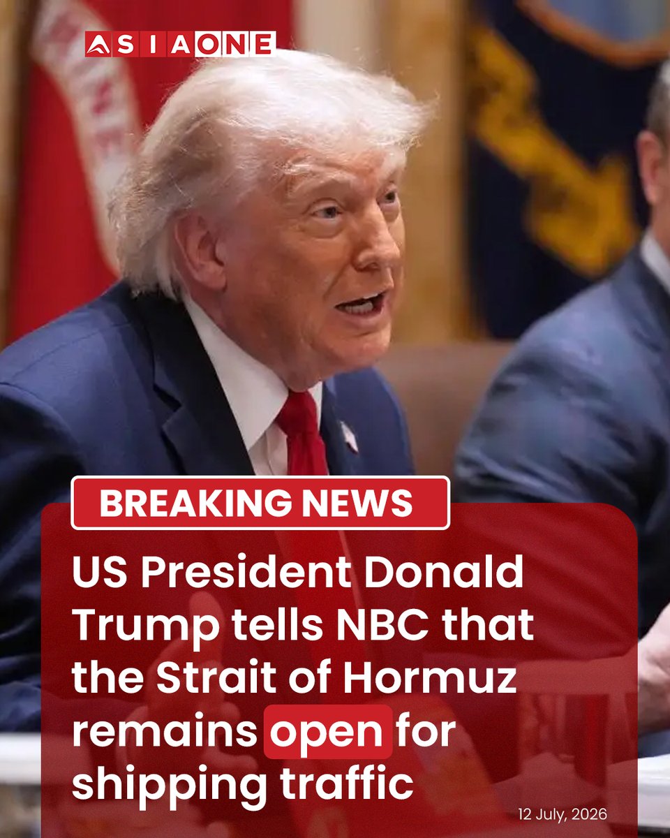 AsiaOne_News's tweet photo. US President Donald Trump tells NBC that the Strait of Hormuz remains open for shipping traffic
#Asiaone #asiaonenews #usa #president #donaldtrump #straitofhormuz #shippingroute #open #shippingtraffic https://t.co/XY8ulKCZZg