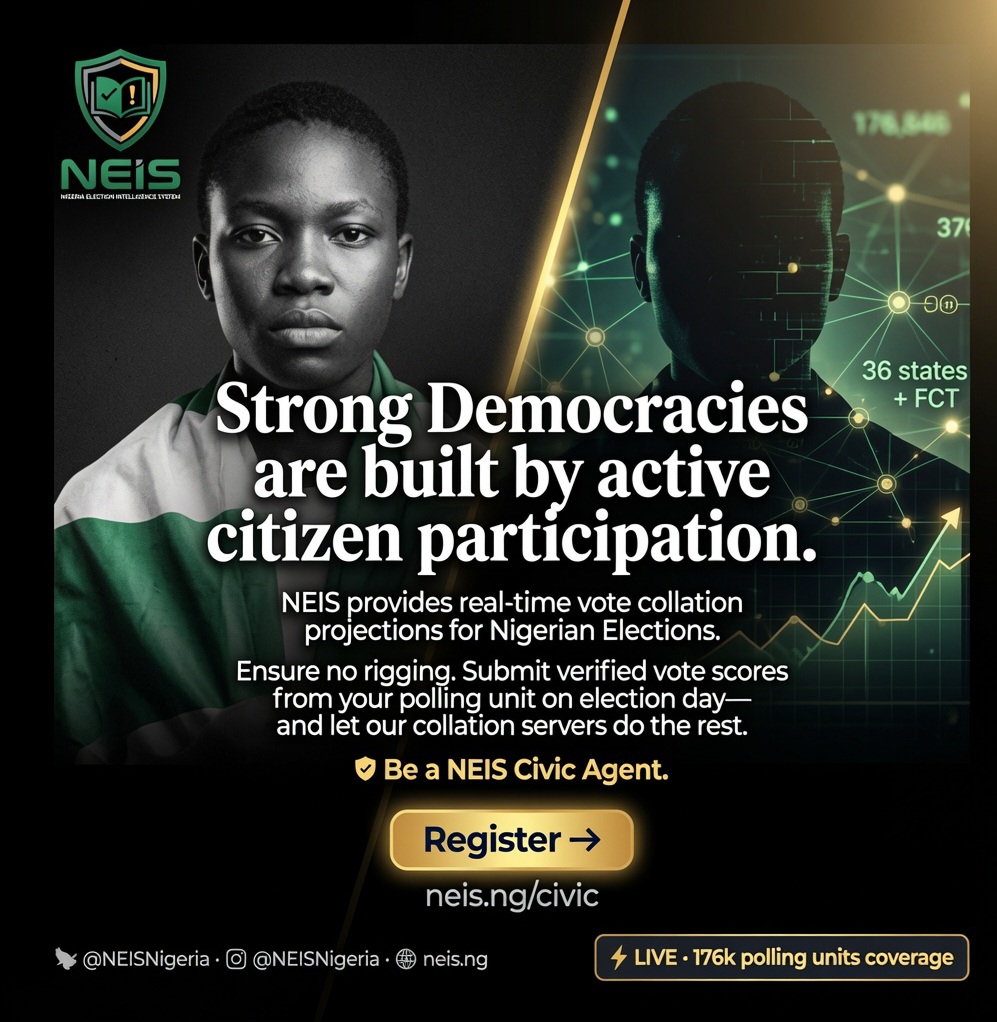 NEISNigeria's tweet photo. Ensure no rigging. Submit the real vote scores & EC8A from your polling unit.
And our collation servers will do the rest real-time.
🛡️ Be a NEIS Civic Agent.
👉 https://t.co/jgRzUxHicU
#NEIS #StrongDemocracies #NigeriaElection #NEISCivicAgent #NoRigging #HumanData https://t.co/9Vu0qX3NON