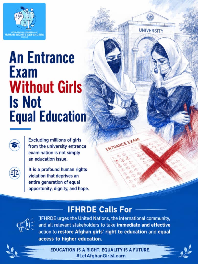 IFHRDE's tweet photo. An entrance exam without girls is not equal education.

We call on @UNESCO @UN_Women @UNHumanRights to support the restoration of Afghan girls' right to education.

#IFHRDE #RightToEducation #StandWithAfghanGirls https://t.co/Uhlw132pfs