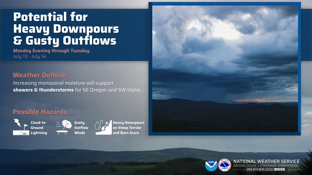 NWSBoise's tweet photo. Monsoonal moisture will bring a chance of showers and thunderstorms across SE Oregon and SW Idaho Monday evening through Tuesday. Potential for heavy downpours and gusty outflow winds. https://t.co/0TqXeC0UbF
