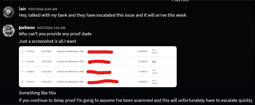 jacksonn_dev's tweet photo. 6. We kept asking, and when he finally replied, lain didn't send proof, but instead said he contacted his bank, and said the money would come before the end of the week which was a lie. https://t.co/Fr7zjRHnSL