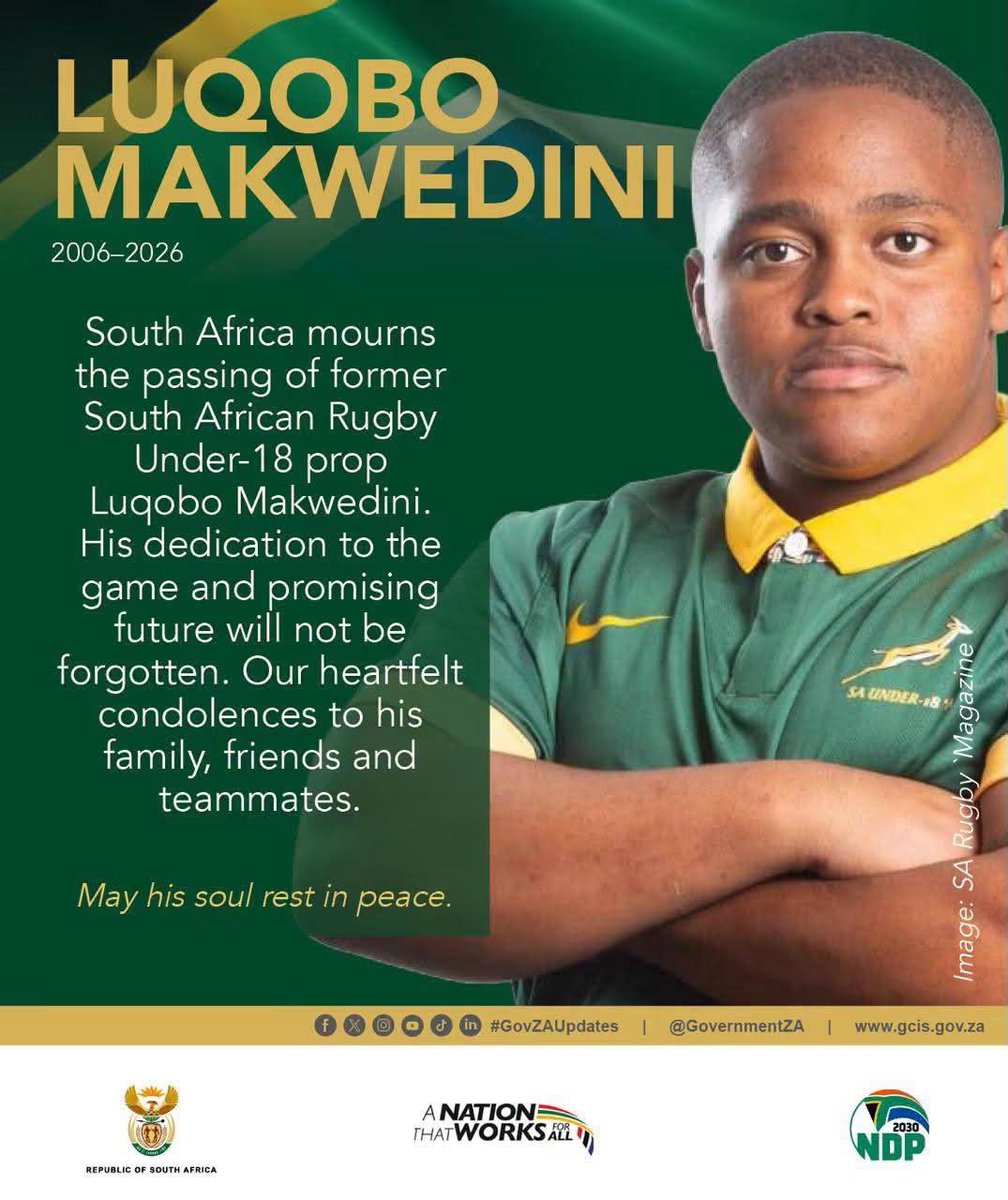 NMandelaBaymuni's tweet photo. The Nelson Mandela Bay Municipality joins South Africans in mourning the passing of former South African Under-18 rugby prop, Luqobo Makwedini.

We extend our heartfelt condolences to his family, friends, teammates.

https://t.co/X76ZuyC8dM https://t.co/uDWOAnHjea
