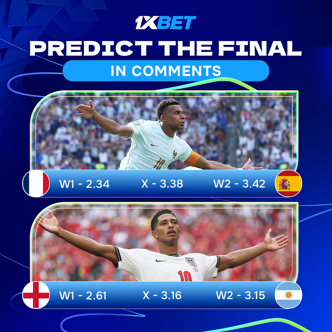 1xBet_Eng's tweet photo. 🏆 The four most valuable squads in the world.

The four WC-26 semifinalists. A battle of football giants awaits.

🇫🇷 France
🇪🇸 Spain
🏴󠁧󠁢󠁥󠁮󠁧󠁿 England
🇦🇷 Argentina

Who will reach the final? Share your prediction in the comments!

🎁 We'll randomly reward 5 correct predictions with promo codes.