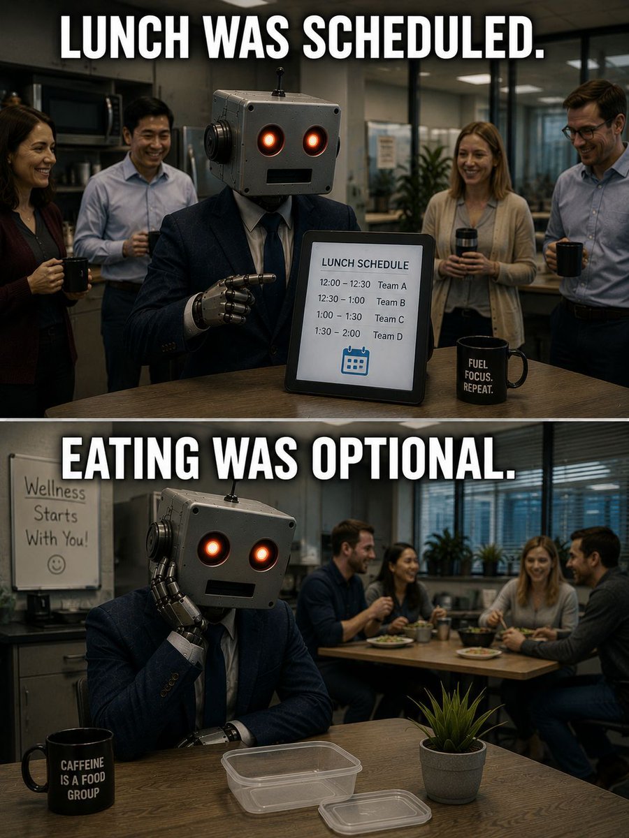 the_margret's tweet photo. The calendar had room.
The workload didn't.
Employee wellness remained on the agenda.
Death Engine Protocol
https://t.co/pGONhCCbFH
Japanese Robots Love to Dance
https://t.co/pePETuVoBf
#UnsubconsciousRobot #CorporateDystopia #OfficeHumor #WorkplaceSatire #BookSky https://t.co/KFxtgobV9F