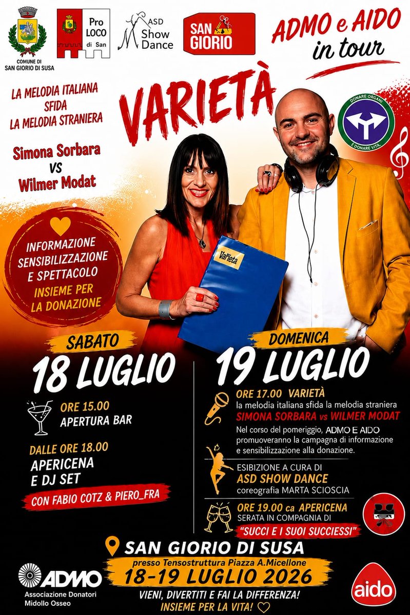 AidoTorino's tweet photo. E siamo già pronti per la prossima tappa del nostro varietà Aido Torino AIDO Regione Piemonte Admo Piemonte in tour, domenica 19 luglio ore 17 a San Giorio di Susa Wilmer Modat Simona Sorbara Marco Galizia... vi aspettiamo numerosi! https://t.co/MSWHacPzMJ