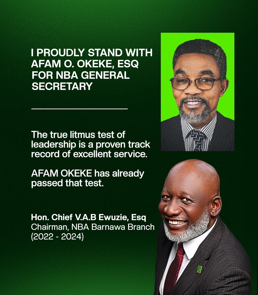 afamefunaookeke's tweet photo. The true litmus test of leadership is a proven track record of service.

Afam O. Okeke has already passed that test.

He served with distinction as Secretary of the NBA Abuja Branch (2012–2014) and later as Chairman (2022–2024), delivering impactful leadership, demonstrating competence, and leaving a legacy of service that continues to speak for itself.

When leadership has been tested and results are evident, the choice becomes clear.

I proudly stand with Afam O. Okeke for General Secretary, Nigerian Bar Association (2026–2028).

Vote competence. Vote experience. Vote capacity.

Hon. Chief V.A.B Ewuzie, Esq
Chairman, NBA Barnawa Branch 
(2022 - 2024)

#AfamOkeke
#AccessibleSecretariat
#NBA2026
#InTheServiceOfTheBar