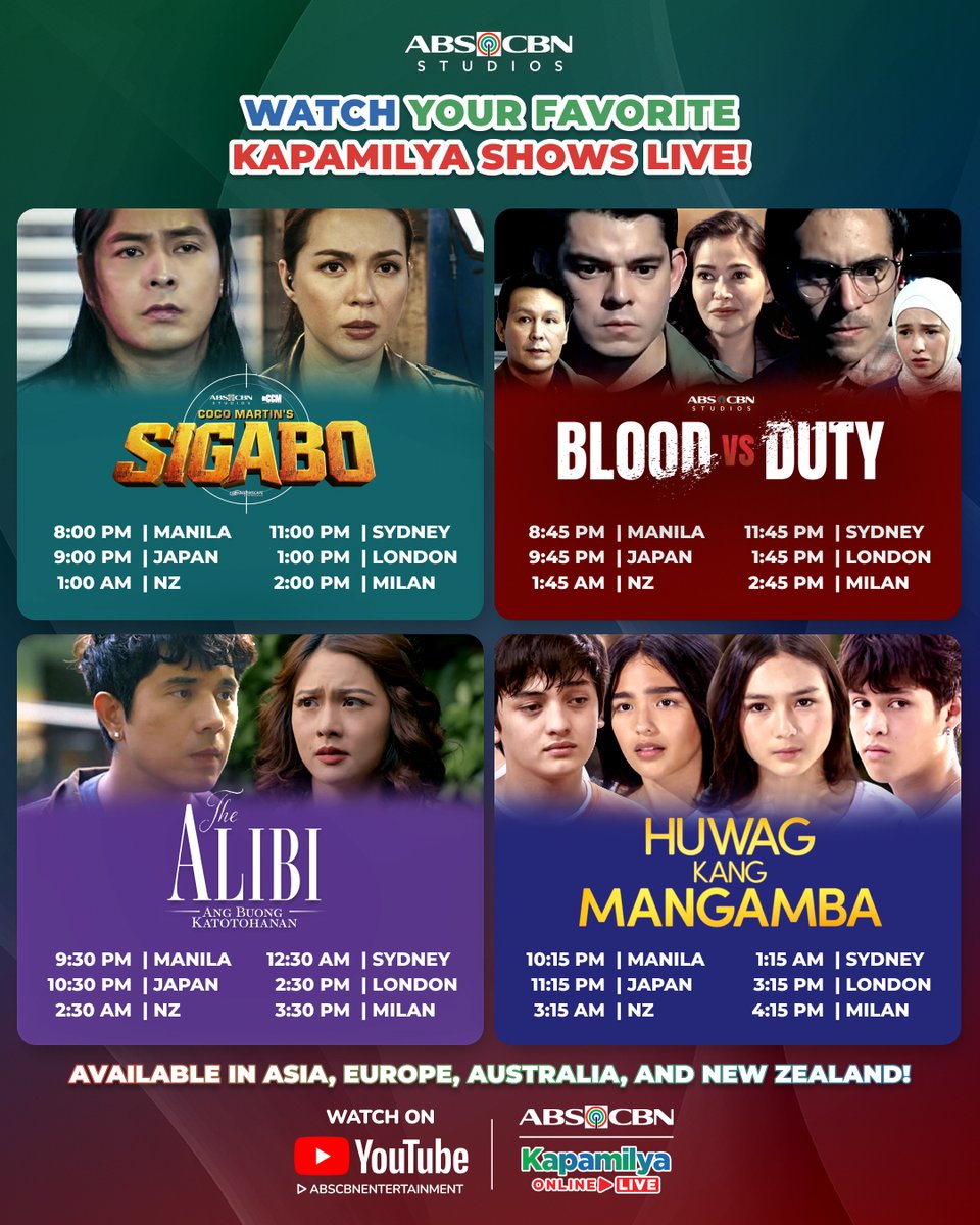 ABSCBN's tweet photo. Madadaig ang lahat ng pagsubok sa #PrimetimeBida! πͺ
Watch #Sigabo, #BloodVsDuty, #TheAlibiAngBuongKatotohanan, and #HuwagKangMangamba LIVE on #KapamilyaOnlineLive! https://t.co/wKxfxbLrVl