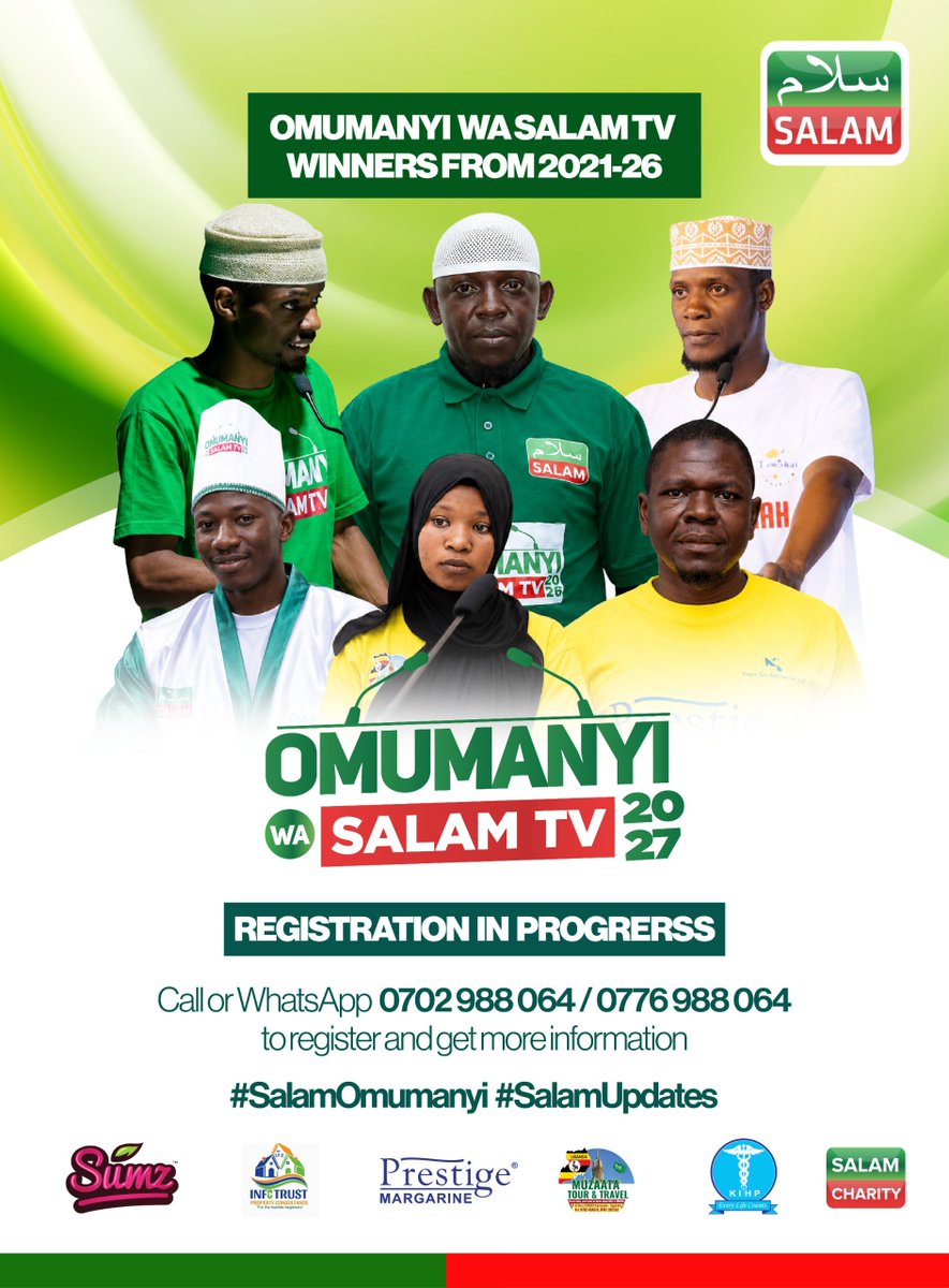 LuleAcram's tweet photo. These are the Omumanyi Wa Salam TV champions from 2021 to 2026.  

You could be the 2027 champion. Register for only 20,000 UGX.  

Call: 0702 98 80 64 || 0776 98 80 64

#SalamOmumanyi | #SalamUpdates https://t.co/KFosFbEnVY
