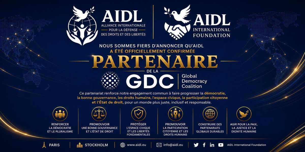 AIDLEU's tweet photo. AIDL devient partenaire officiel de la Coalition mondiale pour la démocratie, GDC

Paris. Stockholm

AIDL International Foundation et l’Alliance Internationale pour la Défense des Droits et des Libertés AIDL, se félicitent de la confirmation officielle de l’admission d’AIDL en qualité de partenaire de la Global Democracy Coalition, GDC.

Cette reconnaissance constitue une étape institutionnelle importante, renforçant la présence internationale d’AIDL ainsi que son engagement en faveur de la protection de la démocratie, des libertés fondamentales, de l’espace civique, de la responsabilité institutionnelle et de l’État de droit.

La Global Democracy Coalition est accueillie par l’Institut international pour la démocratie et l’assistance électorale, International IDEA, avec l’appui d’un comité directeur composé de sept organisations partenaires. International IDEA est une organisation intergouvernementale établie à Stockholm, qui œuvre au soutien de la démocratie durable et au renforcement des institutions et des processus démocratiques à travers le monde.

AIDL réaffirme son engagement à contribuer activement aux initiatives de la Coalition et à renforcer la coopération internationale en faveur de la protection des valeurs démocratiques, des droits humains, de l’espace civique et de l’État de droit.

AIDL, partenaire de la Global Democracy Coalition, GDC