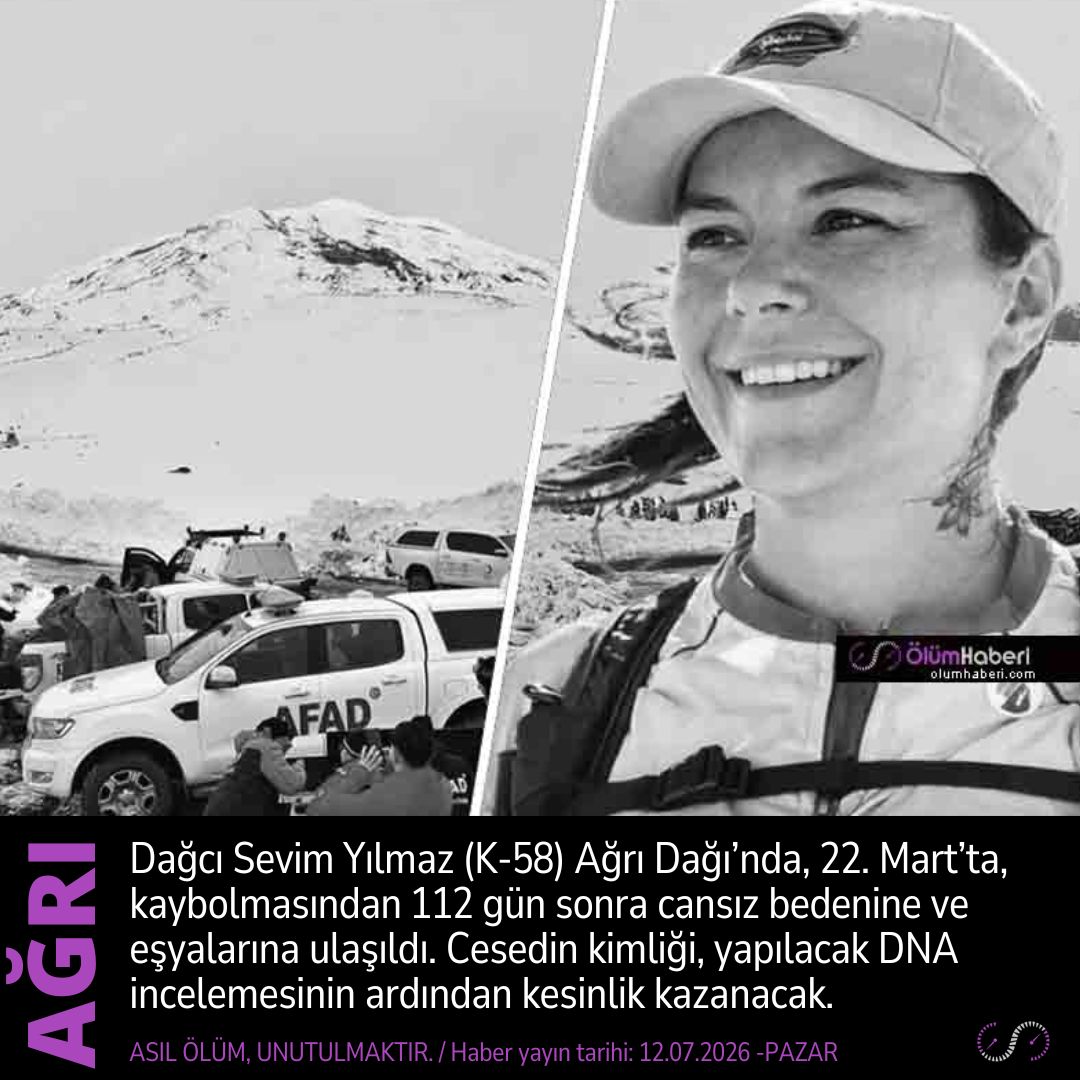 OlumHaberi's tweet photo. Dağcı Sevim Yılmaz (K-58) Ağrı Dağı’nda, 22. Mart’ta, kaybolmasından sonra cansız bedenine ulaşıldı.
https://t.co/fzCyCM8oV3
#Dagci #Agridagi #vefat #cenaze #spor #sporcu #SevimYılmaz #istanbul https://t.co/VC3xwdsLbN