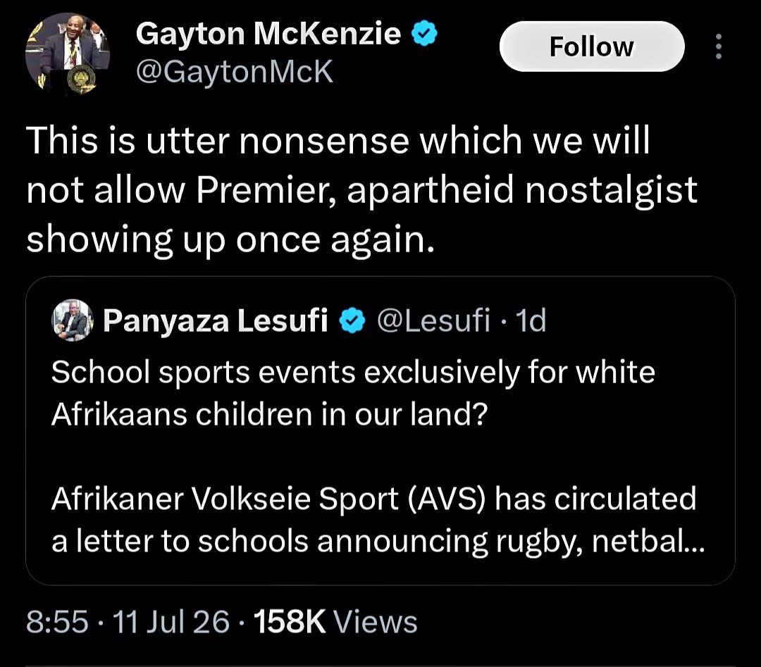 PolyannaBrey's tweet photo. NO, not apartheid nostalgia, BUT selective outrage by you and the likes of you, reserved for the AFRIKANER only. 
@GaytonMcK has blocked me, but
hopefully someone will tag him in on my behalf.@Lesufi https://t.co/mYiOsTZy2Q
