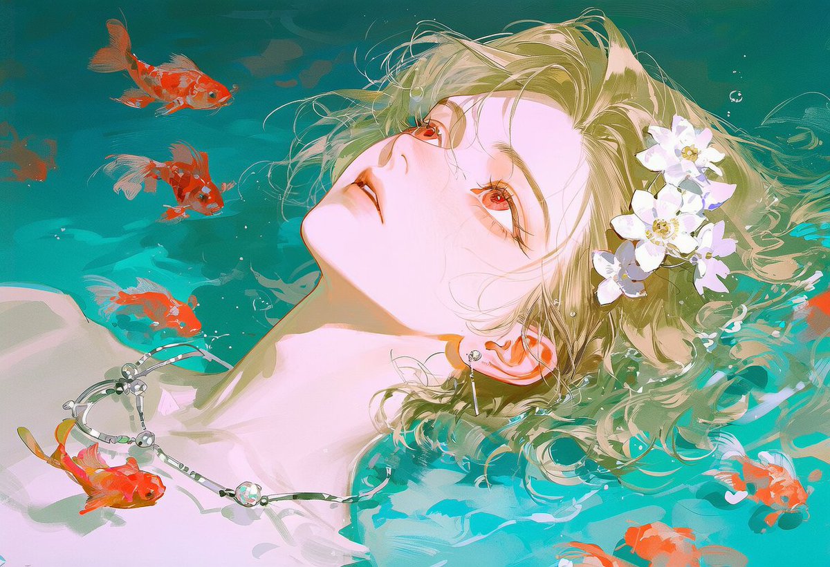 pulpulang's tweet photo. 연못 위 프롬 공유 🐟

lying on back, submerged, floating, hand to mouth, close-up, portrait, necklace, bracelet, earrings, hair flower, flower hair ornament, closed eyes, parted lips, serene, water, underwater, underwater caustics, bubbles, fish, koi, flower, sunlight, dappled sunlight, dreamy, vibrant colors