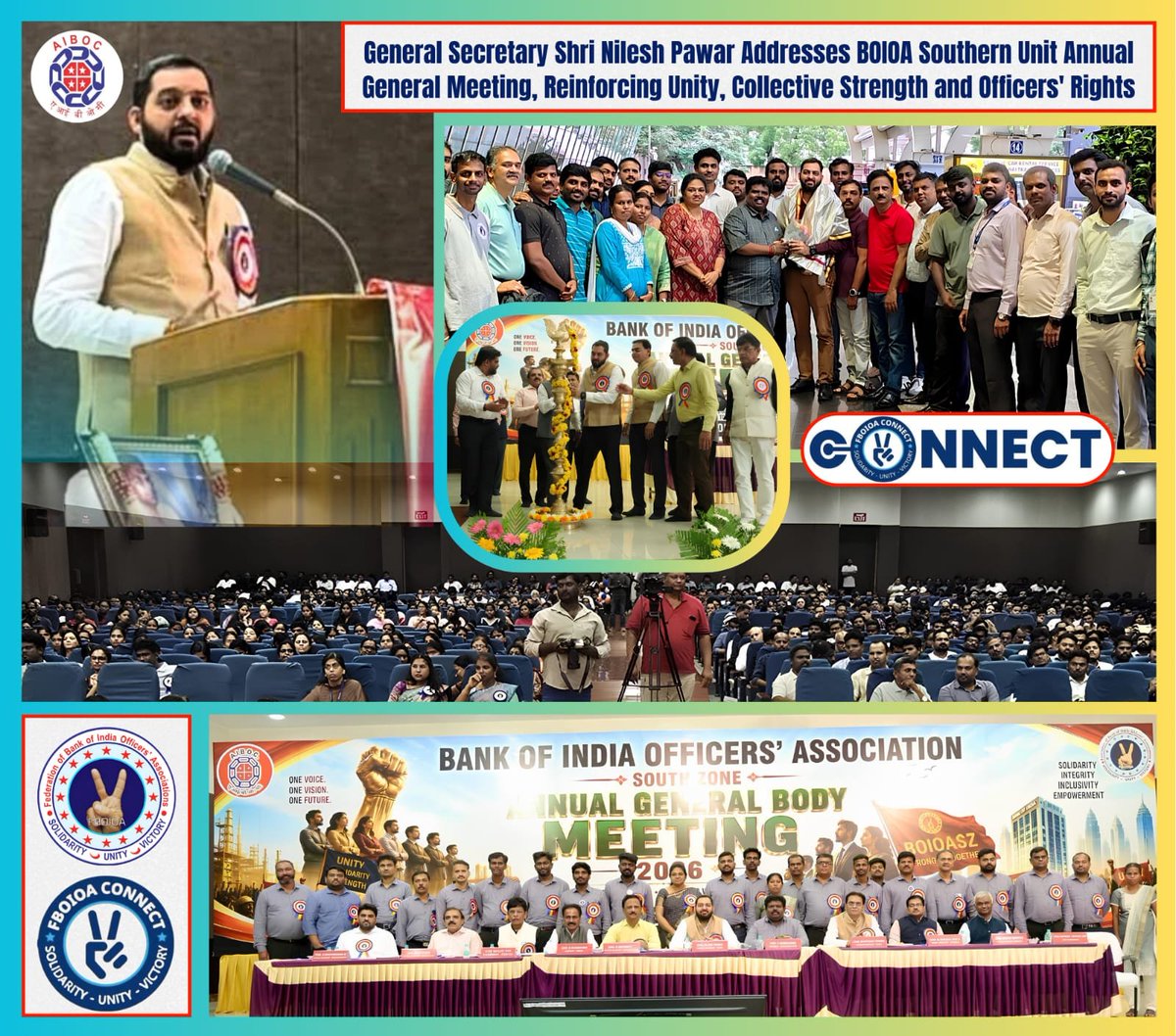 BOIOAMNG's tweet photo. Dear All,

Our General Secretary, Shri. Nilesh Pawar, graced the Annual General Meeting of BOIOA Southern Unit with his esteemed presence and addressed the members on the emerging challenges before the banking industry and the officer fraternity.

In his inspiring address, Shri.Pawar underscored the need for unity, organisational strength, and collective action to effectively safeguard the rights and dignity of officers. He elaborated on the latest developments in the banking sector, the prevailing industrial relations scenario, and the key issues impacting bank officers.

Highlighting the consistent efforts of FBOIOA, he spoke about the Federation's decisive role in securing the 100% absorption of Perquisite Tax, relentlessly pursuing the conversion of Specialist Officers to the General Banking Officer (GBO) stream, and effectively intervening in the recent transfer exercise to ensure fairness and protect the genuine interests of members. He reaffirmed that the Federation will continue to pursue all pending issues with determination until meaningful resolutions are achieved.

The meeting witnessed enthusiastic participation from members, reaffirming their faith in the leadership of FBOIOA and reinforcing the spirit of unity, solidarity, and collective commitment that has always been the hallmark of our beloved Federation.

In Unity We Grow, In Solidarity We Succeed.