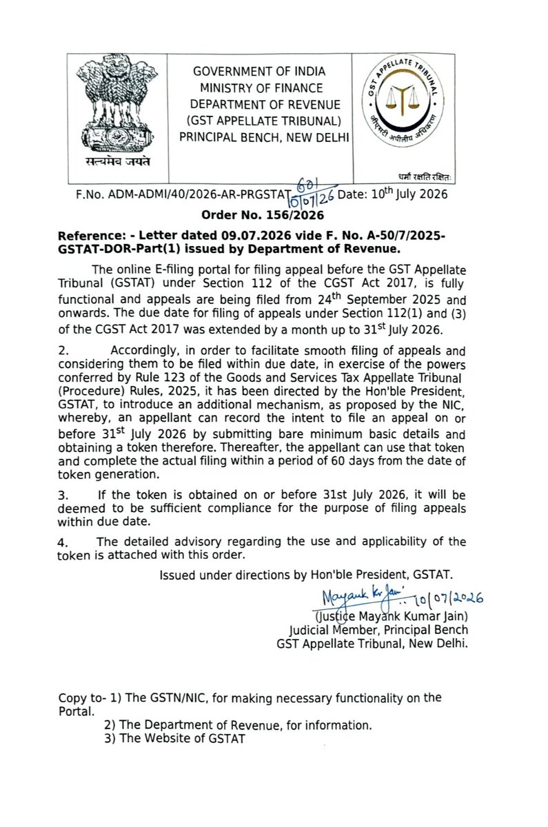 imsagar_patel's tweet photo. 🚨 GSTAT Update
Can't file your GSTAT appeal by 31 July 2026?
Generate a Token on or before 31 July 2026 to preserve your right to appeal. Then complete the appeal within 60 days from the date of token generation.
⚠️ One token is required for each appeal.
#GST #GSTAT #CA https://t.co/XX4AVjJLDY