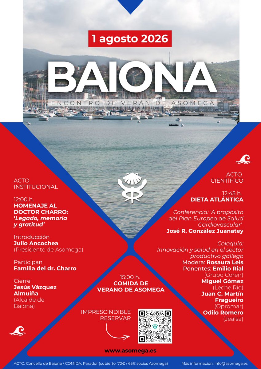 Asomega's tweet photo. 📍 ¡ 1 de agosto, Encontro de Verán de @Asomega en Baiona!

Homenaje al Dr. Charro y sesión sobre Dieta Atlántica, con ponencia de @JoseJuanatey y coloquio del sector productivo gallego. Comida en el Parador.

🚨 Cierre inscripción: 15/7.
📝 https://t.co/45D15TH74S https://t.co/6nm8Uwv0vS