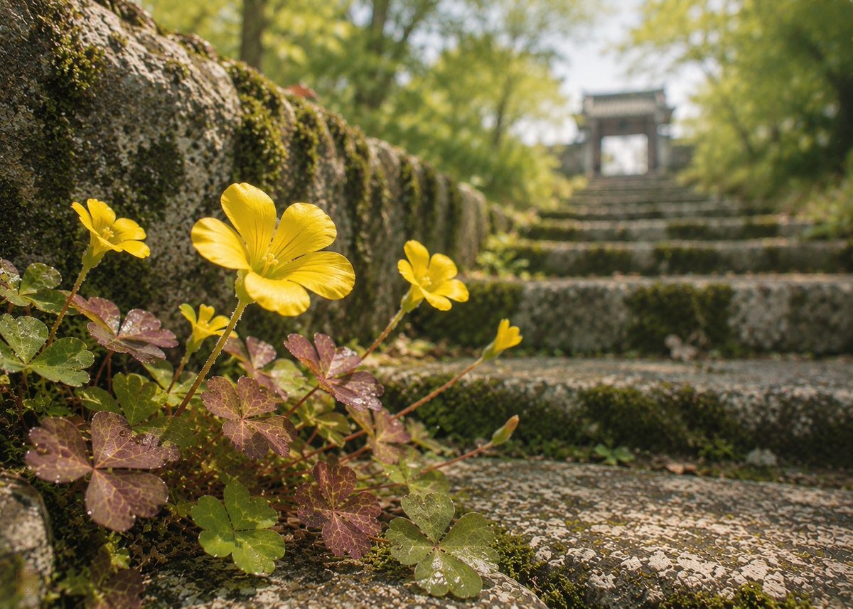 gunjo_story's tweet photo. かたばみ
駆けあがったお寺の石段

おまいりすませて
降りかけて
なぜだか、ふっと、おもい出す　

石のすきまの
かたばみの赤いちいさい
葉のことを

とおい昔に
みたように

金子みすゞ https://t.co/zgDZyEVFkL