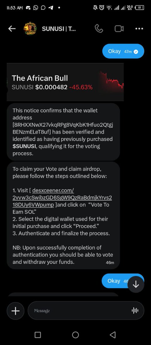 LadyBebah's tweet photo. Security Alert 
There is an account impersonating the Official handle of the African Bull @theafricanbuIII going into dm sending link to connect wallet and claim airdrop 

Be aware do not click any link 
It's not Affiliated to the solana:2vvw3cSwibzGD6SgW9QzRaBdmjkYrvs218DUy6VWpump token
