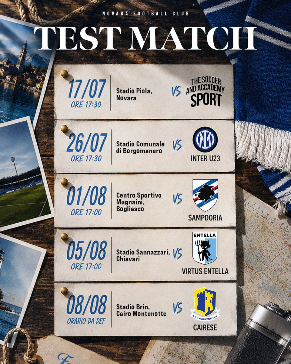 novarafootball's tweet photo. 📆 Ecco il calendario delle amichevoli estive degli azzurri

Tutti i dettagli relativi alle modalità di accesso per il pubblico ed eventuali dirette streaming delle gare verranno comunicati nei prossimi giorni sul nostro sito ufficiale e sui canali social

#ForsaNuara 🔵⚪ https://t.co/GsptVOHE8u