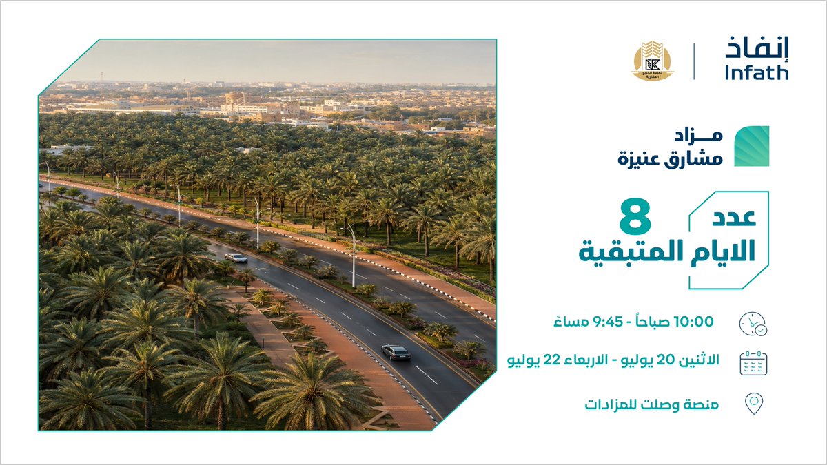 nahdat_alkhalij's tweet photo. نقدم لكم 8 فرص عقارية بمدينة عنيزة في منطقة #القصيم
تحت إشراف مركز الإسناد والتصفية "إنفاذ" و بقرار من محكمة التنفيذ
 العقارات المطروحة:
1. فيلا دورين + ملحق – حي الوفاء (250م²)
2. فيلا دورين – حي الزاهر (581.8م²)
3. مزرعة – وادي الجناح (~50,000م²)
4. دور سكني – حي الضبط (91م²)
5. فيلا دور أرضي وملحق – حي الأشرفية (352م²)
6. فيلا دورين + ملحق علوي – حي الأشرفية (758م²)
7. فيلا دورين بمسبح – حي المروج (975م²)
8. مزرعة بـ 9 استراحات – وادي الجناح (36,256م²)

الكتيب التعريفي للمزاد :
https://t.co/a1sV1F9G3A

  رابط المزاد :
https://t.co/nPzbPOmj8p

يبدأ المزاد يوم الاثنين الموافق 20 / 7 / 2026 الساعة 10:00 صباحاً 

و ينتهي المزاد يوم الاربعاء الموافق 22 / 7 / 2026 من الساعة  8:00 و حتي الساعة 9:45 مساءً

طريقة شحن المحفظة علي منصة وصلت : 
https://t.co/vRs5kqHvcu

 للاستفسار:
0599001723
0543434447
@infathAuctions 
|
@infath_sa