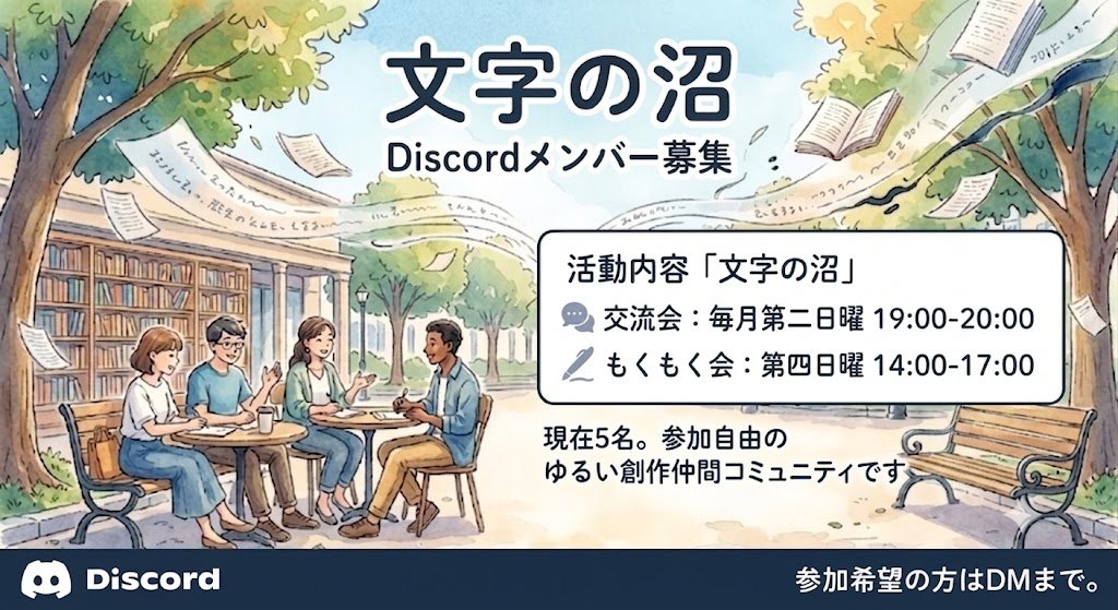 zen_e3's tweet photo. 物語を書くことは一人になりがちなので手を取り合える場所を作りました。
評価活動の強制無しの小規模なゆるい集まりです。 
「文字の沼」にあなたも浸かってみませんか？

☑主な活動（参加自由）
・第2日曜：交流会 / 第4日曜：もくもく会
📍場所
・Discordサーバー（現在5名） 詳細はDMまで。 https://t.co/dV49ilgDHG