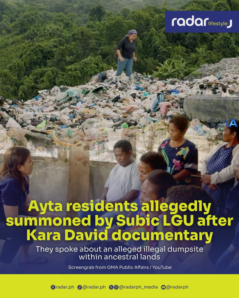 radarph_media's tweet photo. An indigenous rights advocate has raised concerns after reports that several Ayta residents who appeared in Kara David's newest I-Witness documentary were allegedly summoned by local officials in Subic, Zambales following the program's broadcast.

The July 11 documentary, "Ibinasurang Paraiso," examined an alleged illegal dumpsite in Sitio Tibag, Naugsol, an area within Ayta ancestral lands. Residents interviewed in the report spoke about the site's alleged impact on the environment, nearby bodies of water, and their community.

On Facebook, indigenous rights advocate Evangeline Rodriguez questioned the alleged summons: "Kung ang impormasyong ito ay totoo, mariin naming itinatanong: Ano ang layunin ng pagpapatawag? May nagawa bang mali ang mga katutubo sa pagsasalita ng katotohanan?"

Rodriguez said Ayta residents have the right to speak about issues affecting their health, environment, livelihood, and ancestral lands, adding, "Ang kanilang tinig ay hindi dapat patahimikin, takutin, o pigilan."

She also stressed that freedom of expression is protected under the Philippine Constitution, while the Indigenous Peoples' Rights Act recognizes the rights of indigenous communities to defend their culture, ancestral domains, and other rights.

"Ang pagsasalita sa isang lehitimong mamamahayag at pagbabahagi ng katotohanan sa isang dokumentaryo ay hindi paglabag sa batas," Rodriguez said, adding that telling the truth in a democratic society should never become grounds for intimidation or harassment.

She argued that if any investigation should take place, it should focus on the allegations surrounding the dumpsite and its reported environmental impact, rather than on the indigenous residents who spoke about their experiences.

"Kung may dapat man imbestigahan," she said, "hindi ang mga katutubong naglakas-loob magsalita, kundi ang mga pangyayaring naging dahilan kung bakit may mga reklamo ukol sa ilegal na dumpsite at sa pinsalang idinulot nito sa kalikasan at sa pamayanang katutubo."

As of writing, the Subic local government has yet to publicly address the allegation that the residents had been summoned.

(✍️: Kieth Earl Rebaño)