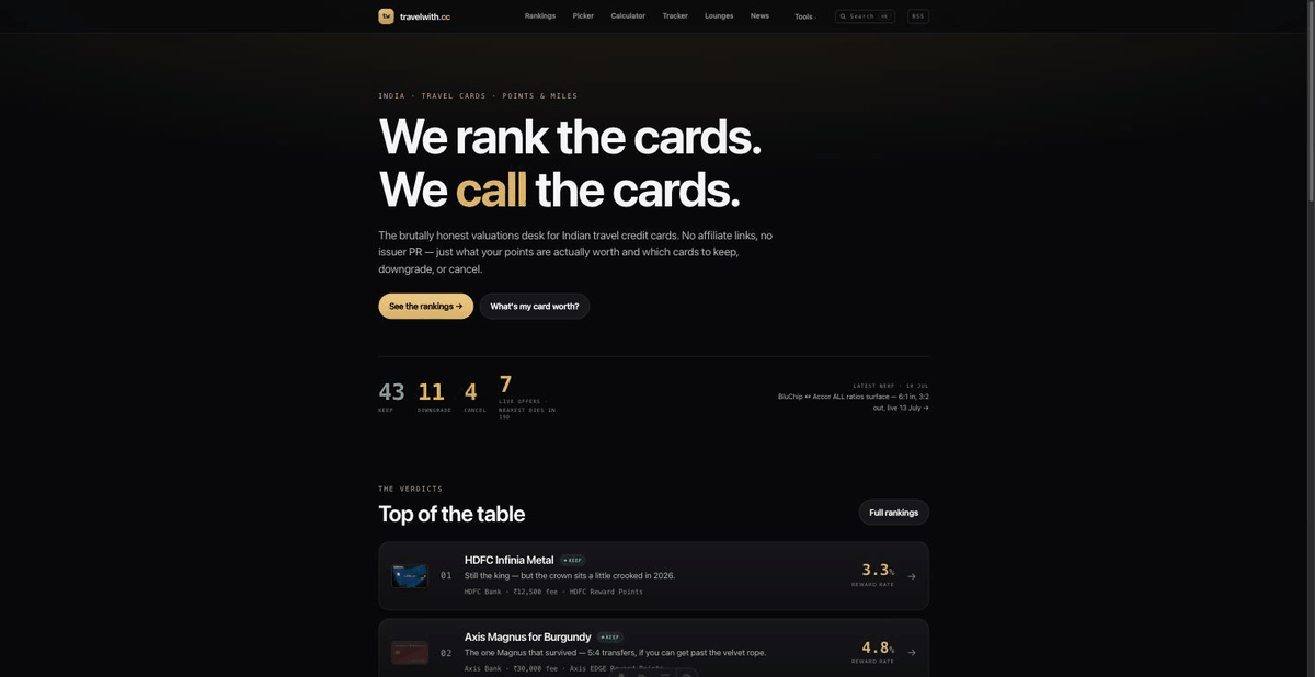 TravelWithCC's tweet photo. What is a credit-card point actually worth in India?

Not the bank's number. Not the ₹0.50 catalogue floor.I built https://t.co/5ZA148fJzZ to answer it: 58 cards ranked, 70 currencies priced in ₹, every nerf tracked since 1961.

Free. No affiliate links. 🧵 https://t.co/Y6rU2dIeO2