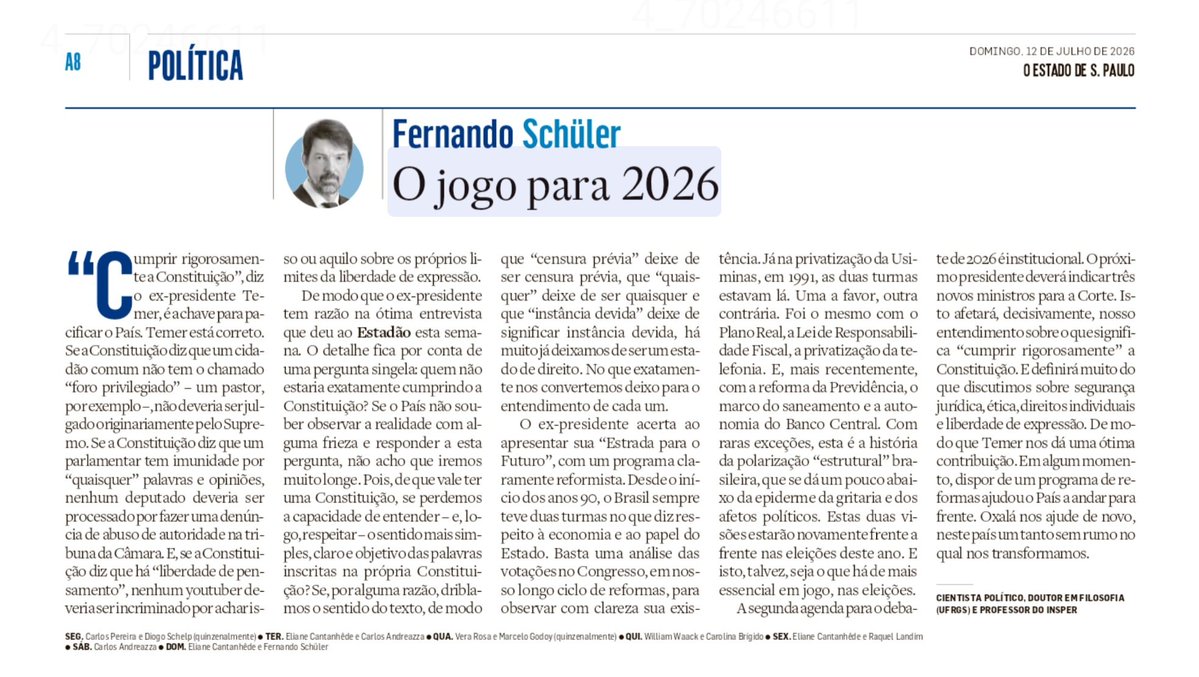 LeoCorrea1974's tweet photo. Isso aqui foi muito Lexum:

"Se a Constituição diz que um parlamentar tem imunidade por “quaisquer” palavras e opiniões, nenhum deputado deveria ser processado por fazer uma denúncia de abuso de autoridade na tribuna da Câmara. E, se a Constituição diz que há “liberdade de pensamento”, nenhum youtuber deveria ser incriminado por achar isso ou aquilo sobre os próprios limites da liberdade de expressão.

De modo que o ex-presidente tem razão na ótima entrevista que deu ao Estado esta semana. O detalhe fica por conta de uma pergunta singela: quem não estaria exatamente cumprindo a Constituição? Se o País não souber observar a realidade com alguma frieza e responder a esta pergunta, não acho que iremos muito longe. Pois de que vale ter uma Constituição se perdemos a capacidade de entender — e logo respeitar — o sentido mais simples, claro e objetivo das palavras inscritas na Constituição?

O direito não é feito da vontade pessoal desta ou daquela autoridade. Parte de comandos, conceitos e limites institucionais que não podem ser remodelados livremente segundo as conveniências do momento. Se, por alguma razão, driblamos o sentido do texto, de modo que “censura prévia” deixe de ser censura prévia, que “quaisquer” deixe de ser quaisquer e que “instância devida” deixe de significar instância devida, há muito já deixamos de ser um Estado de direito. No que exatamente nos convertemos, deixo para o entendimento de cada um."

Parabéns, @fernandoschuler 👏👏👏👏👏