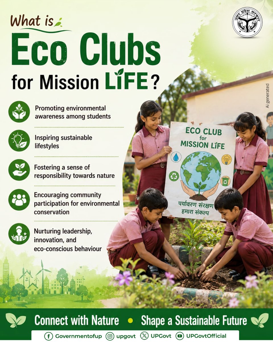 UPGovt's tweet photo. Eco Clubs for Mission LiFE are nurturing a generation of environmentally conscious young citizens in Uttar Pradesh's Parishadiya Vidyalayas.

Through tree plantation, waste management, water conservation, and other eco-friendly initiatives, students are embracing sustainable lifestyles and making environmental conservation a way of life.

#एक_पेड़_माँ_के_नाम
#PragatiBhiPrakritiBhi
#GoGreen_UP