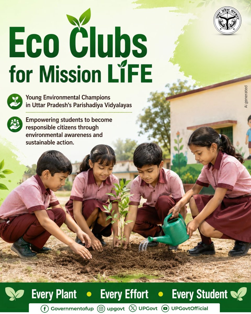 UPGovt's tweet photo. Eco Clubs for Mission LiFE are nurturing a generation of environmentally conscious young citizens in Uttar Pradesh's Parishadiya Vidyalayas.

Through tree plantation, waste management, water conservation, and other eco-friendly initiatives, students are embracing sustainable lifestyles and making environmental conservation a way of life.

#एक_पेड़_माँ_के_नाम
#PragatiBhiPrakritiBhi
#GoGreen_UP