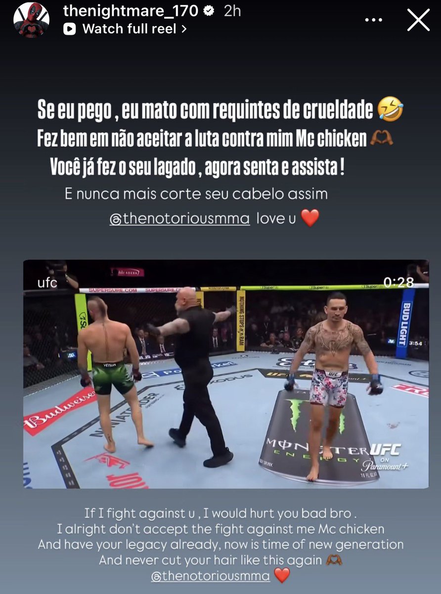 ChampRDS's tweet photo. Carlos Prates warned Conor McGregor to never accept a fight against him 😳

“If I fight against you I would hurt you bad bro. Don’t accept the fight against me McChicken. And have your legacy already, now it’s time for the new generation.

And never cut your hair like that again.”

📸 @Full_Violence