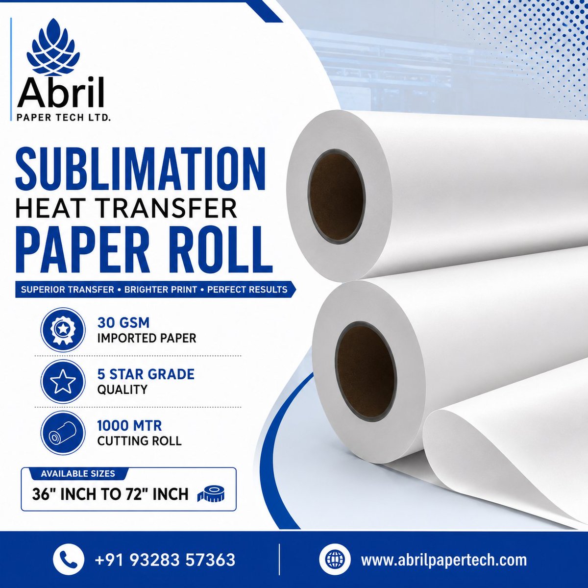 abrilpaper's tweet photo. ✅ SUBLIMATION HEAT TRANSFER PAPER ROLL 

 We are Importer and Supplier of Sublimation Heat Transfer Paper based on Surat - Gujarat.

 ▪️QUALITY WE SUPPLY ARE 
✅ 30 GSM (IMPORTED QUALITY)
✅ VIRGIN 5 STAR GRADE PAPER

▪️ Available Sizes 
 ✅ 36"(inch) TO 72"(inch)

▪️ Width
✅ 1000 MTR cutting roll

✅ To check paper quality We send free sample roll 

☎️ +91-9328357363
🌐 https://t.co/3MyVPodiwv
✉️ sales@abrilpapertech.com

Looking forward to business with you.
🏬 Abril Paper Tech Limited 
📍Surat - Gujarat.

#sublimationpaperroll
#dyesublimationpaperroll 
#heattransferpaperroll 
#sublimationheattransferpaper 
#30gsmsublimationpaper