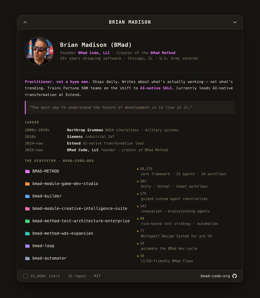 ArchiveExplorer's tweet photo. He built NASA sims and military systems. Now he ships the #1 AI-agile framework on GitHub.

instead of keeping his 12-agent methodology private, he open-sourced it under his LLC's org.

Brian Madison. 25+ years shipping software. Ex-Northrop Grumman (NASA simulations, military systems). Now leads AI-native transformation at Extend + runs BMad Code, LLC.

'BMAD-METHOD' - drop-in for Claude Code. 12+ AI agents take you from brainstorm → PRD → architecture → shipped code. 34+ workflows. 100% free, no paywalls.

50,376 stars. MIT.
→ https://t.co/iK8lvXdFxA

bookmark it. This is how your Claude setup goes pro.