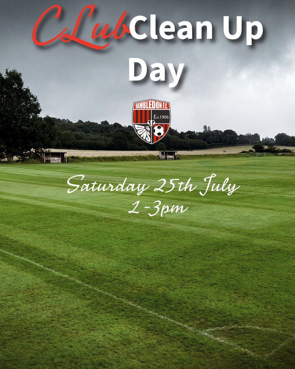 HambledonFC's tweet photo. Have you got a few hours to spare Saturday 25th July? 1-3pm 

Every helping hand makes a difference.

We will be holding a Club clean up day to get everything ready for the upcoming season.

All welcome, bring gloves ideally and water.

Free beer after for all helpers.

#coyds https://t.co/TeGINPWdxo