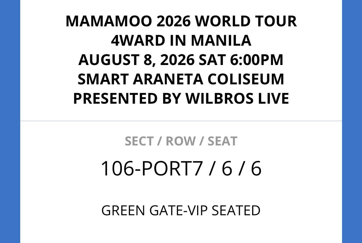 beombeombaby's tweet photo. - WTS / LFB 💚
- MAMAMOO 4WARD IN MANILA

🎟 VIP Seated
📍 Section 106, Row 6, Seat 6

Price: ₱15,000
(Bought for ₱15,950 — selling below original price.)

Reason for selling:-
- Extra ticket
- Was able to secure my desired floor ticket

#MAMAMOO #4WARD #MAMAMOO_2026_WORLD_TOUR https://t.co/3SbcWySaOi