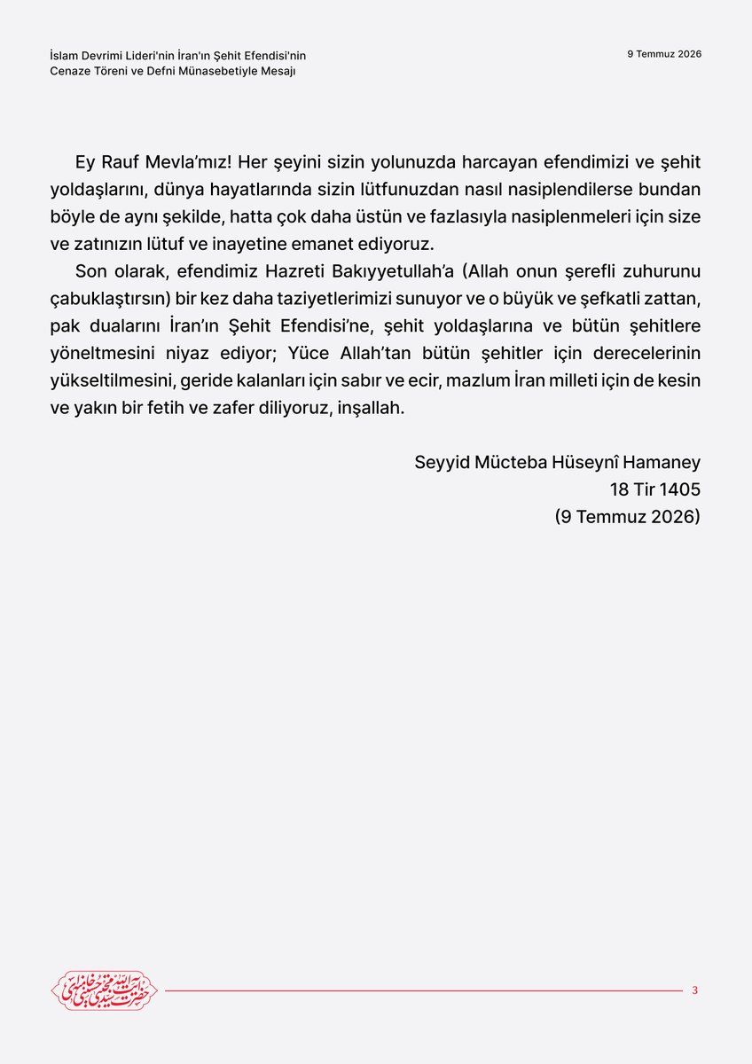 tr_MHamaney's tweet photo. ✍️ İslam Devrimi Lideri'nin İran'ın Şehit Efendisi'nin Cenaze Töreni ve Defni Münasebetiyle Mesajı

🏴#AyağaKalkmalı #ŞehitHamaney #Hamaney https://t.co/9UaeLG0rN8