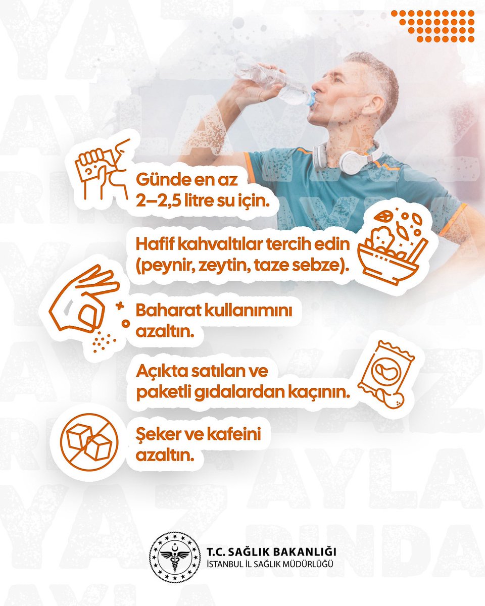ismgovtr's tweet photo. ☀️ Yaz aylarında doğru beslenme, sağlığınızı korumanın en etkili yollarından biridir.

Sıcak havalarda yeterli su tüketmek, hafif ve dengeli beslenmek; vücudun sıvı dengesini korumaya ve sıcaklığın olumsuz etkilerini azaltmaya yardımcı olur. https://t.co/vC8t5iIoDY