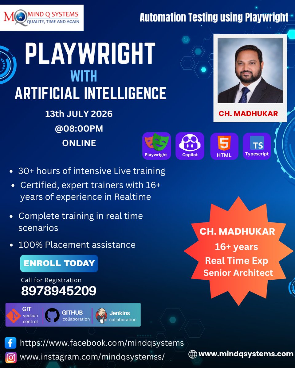MindQSystems's tweet photo. Playwright with AI Batch Starts on 13th JULY 2026 @ 08:00PM.
more details: https://t.co/Ja7nGjUiWf
https://t.co/LGMtXO8cMw

#selenium #newbatch #testingtools #manualtesting #softwaretesting #frameworks #java https://t.co/1F1oKfz2ca
