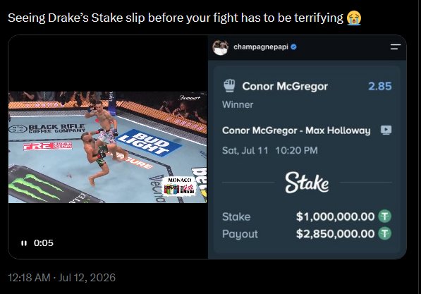 Afc_ArsenalX1's tweet photo. 🚨🔥BREAKING:👇👇

Drake bets $1M on McGregor on Stake.  

McGregor knocks himself out.  
The Stake curse hits different 💀 https://t.co/jbVJr6Ew3x