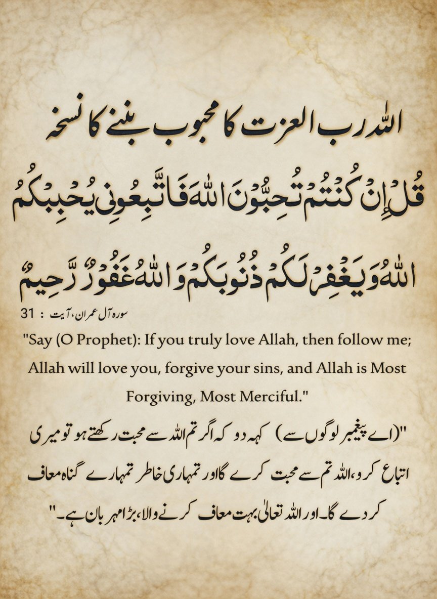 AdFawwad's tweet photo. The Way to Become Beloved to Allah

"Say (O Prophet): If you truly love Allah, then follow me; Allah will love you, forgive your sins, and Allah is Most Forgiving, Most Merciful."
(Surah Aal 'Imran 3:31) https://t.co/76sjsf5iDn