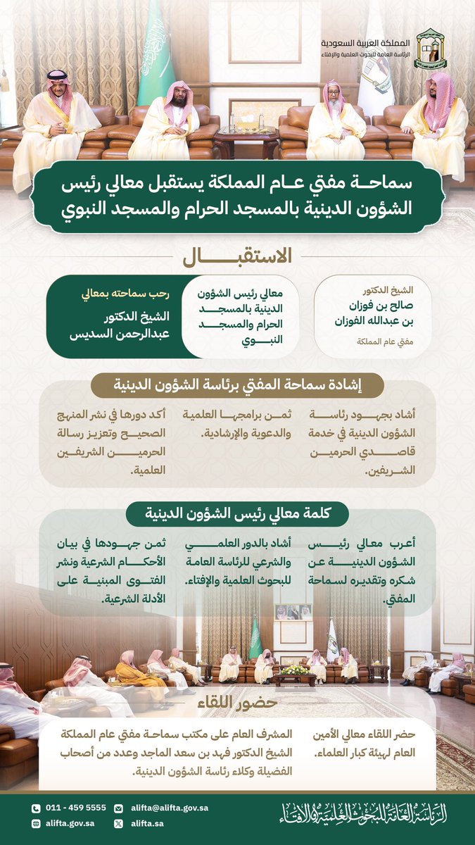 aliftasa's tweet photo. سماحة مفتي عام المملكة يستقبل معالي رئيس الشؤون الدينية بالمسجد الحرام والمسجد النبوي. https://t.co/e3k21uQlf0