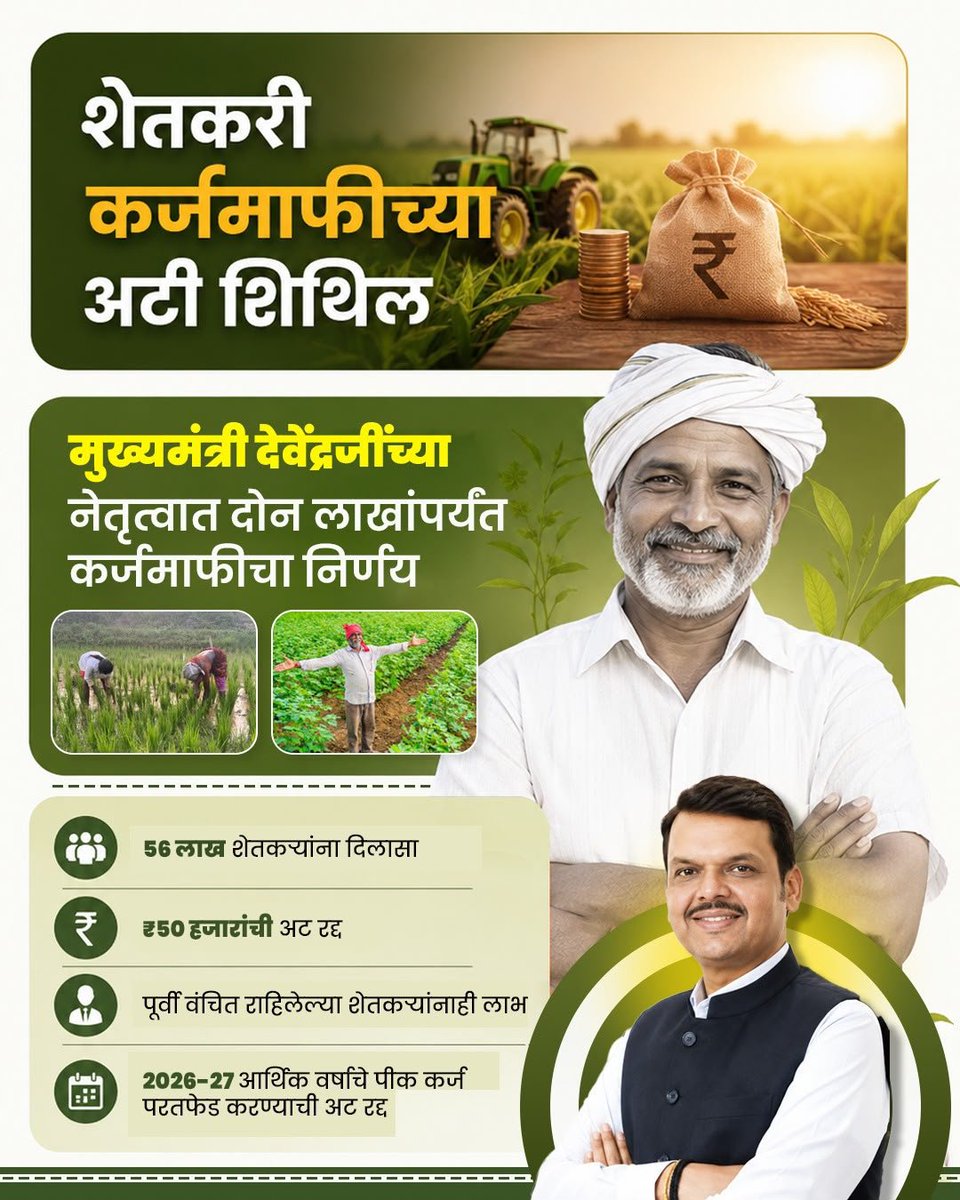 Chilli_paneeer's tweet photo. शेतकरी कर्जमाफीच्या अटी शिथिल करून मुख्यमंत्री देवेंद्रजींनी पुन्हा एकदा सिद्ध केले की हे सरकार बळीराजाच्या पाठीशी खंबीरपणे उभे आहे.
@Dev_Fadnavis https://t.co/kXm3ZHmSP7