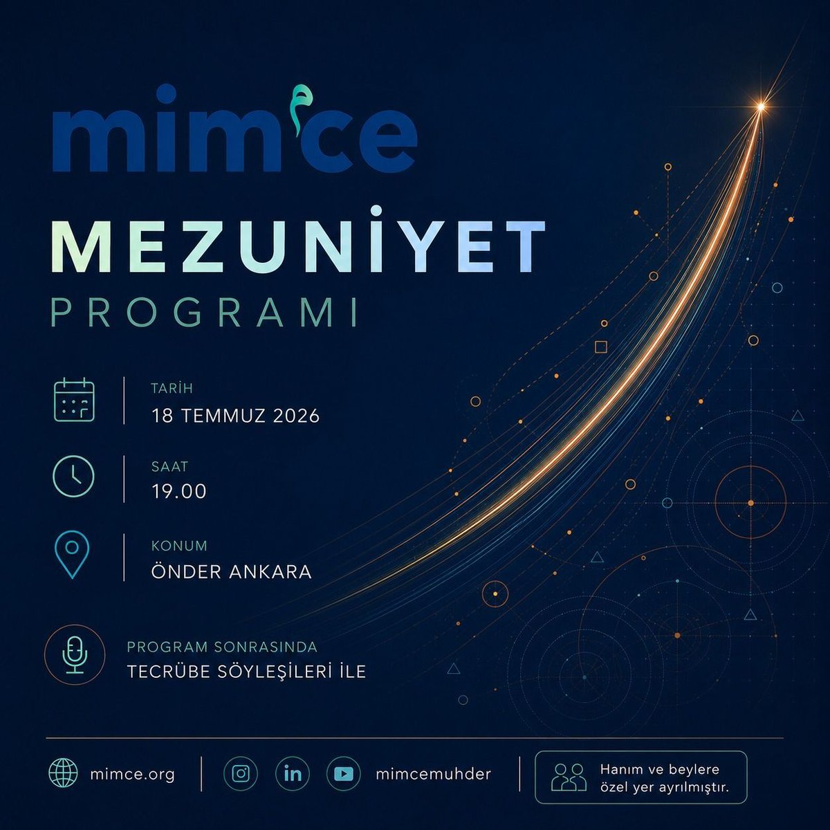mimcemuhder's tweet photo. 🎓 MİMCE Mezuniyet Programı 2026

İlkini gerçekleştirdiğimiz MİMCE Mezuniyet Programı'nda, bu yılın ve önceki dönem mezunlarımızla bir araya geliyoruz.

📅 18 Temmuz 2026
🕖 19.00
📍 Önder Ankara

📌 Hanım ve beylere özel yer ayrılmıştır.

#MİMCE #MezuniyetProgramı #Mühendislik https://t.co/z3UEsQblxP