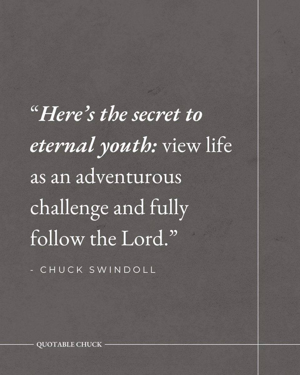 chuckswindoll's tweet photo. The fountain of youth isn't found in avoiding life's challenges. It's found in facing them with the confidence that comes from walking hand-in-hand with the One who has already conquered every obstacle we'll ever encounter.

What adventure is God inviting you into today? https://t.co/Qe5nF3bJvs