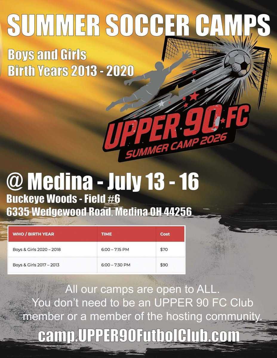 UPPER90FClub's tweet photo. 2026- Summer Soccer Camps. https://t.co/8iq8uryHrv
@Medina July 13 - 16
@Amherst July 20 - 23
#UPPER90FC #UPPER90FCProud #U90FCJuniors #YouthSoccer #GO902627 #soccertraining #GAMEDAYSportsCenter #Fridayz #npllife #USLY #ecnlrl #ecnlrlboys #PreECNL #GreatLakesAlliance https://t.co/9fCPPuWU5H