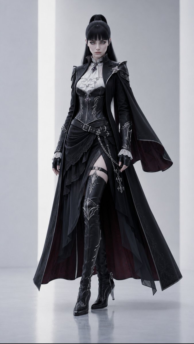 JemiVraxIS's tweet photo. Premium VraxIS Outfit Prompt 006
Upper Body
Long fitted obsidian tailcoat with sweeping split tails reaching mid-calf.
Sculpted black leather corset featuring elegant charcoal steel filigree and subtle engraved rune motifs.
High-collar ivory silk blouse with layered ruffled front and fitted sleeves.
Lightweight matte-black shoulder guards with graceful wing-like contours rather than bulky armor.
Long tapered sleeves ending in layered lace cuffs beneath fitted leather bracers.
Lower Body
Layered asymmetrical skirt combining rich black velvet and flowing charcoal chiffon.
Integrated fitted shorts beneath the outer layers for unrestricted movement.
Decorative leather belts draped diagonally across the waist with polished gunmetal buckles.
Slim armored thigh guards engraved with elegant gothic patterns.
Flowing split overskirt panels that trail naturally while walking.
Footwear
Elegant thigh-high leather boots crafted from matte obsidian leather.
Sculpted armored knee plates seamlessly integrated into the design.
Low-profile reinforced heels designed for stability.
Silver engraved shin guards following the natural curve of the leg.
Flexible segmented soles for comfort and mobility.
Accessories
Layered black leather harness featuring subtle silver ornamentation.
Long fingerless leather gloves with engraved steel wrist guards.
Ornate silver choker supporting a polished black crystal pendant.
Twin ornamental chains draping from the waist with gothic filigree charms.
Elegant ear cuffs shaped like raven feathers.
Flowing half-cape attached to one shoulder with an engraved silver clasp, creating dramatic movement.
Materials
Premium matte leather.
Luxury velvet.
Flowing chiffon.
Soft silk lining.
Brushed gunmetal steel.
Blackened titanium alloy.
Polished obsidian crystal accents.
Colour Palette
Obsidian black.
Midnight charcoal.
Deep crimson interior lining.
Antique silver.
Gunmetal grey.
Smoky violet crystal accents.