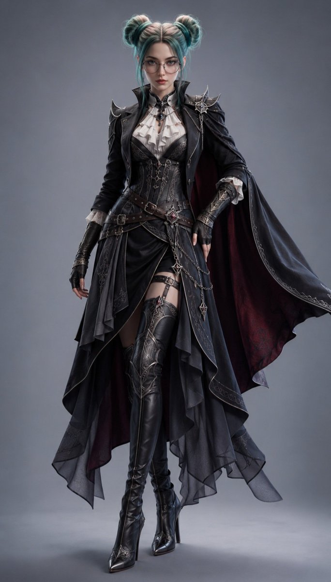 JemiVraxIS's tweet photo. Premium VraxIS Outfit Prompt 006
Upper Body
Long fitted obsidian tailcoat with sweeping split tails reaching mid-calf.
Sculpted black leather corset featuring elegant charcoal steel filigree and subtle engraved rune motifs.
High-collar ivory silk blouse with layered ruffled front and fitted sleeves.
Lightweight matte-black shoulder guards with graceful wing-like contours rather than bulky armor.
Long tapered sleeves ending in layered lace cuffs beneath fitted leather bracers.
Lower Body
Layered asymmetrical skirt combining rich black velvet and flowing charcoal chiffon.
Integrated fitted shorts beneath the outer layers for unrestricted movement.
Decorative leather belts draped diagonally across the waist with polished gunmetal buckles.
Slim armored thigh guards engraved with elegant gothic patterns.
Flowing split overskirt panels that trail naturally while walking.
Footwear
Elegant thigh-high leather boots crafted from matte obsidian leather.
Sculpted armored knee plates seamlessly integrated into the design.
Low-profile reinforced heels designed for stability.
Silver engraved shin guards following the natural curve of the leg.
Flexible segmented soles for comfort and mobility.
Accessories
Layered black leather harness featuring subtle silver ornamentation.
Long fingerless leather gloves with engraved steel wrist guards.
Ornate silver choker supporting a polished black crystal pendant.
Twin ornamental chains draping from the waist with gothic filigree charms.
Elegant ear cuffs shaped like raven feathers.
Flowing half-cape attached to one shoulder with an engraved silver clasp, creating dramatic movement.
Materials
Premium matte leather.
Luxury velvet.
Flowing chiffon.
Soft silk lining.
Brushed gunmetal steel.
Blackened titanium alloy.
Polished obsidian crystal accents.
Colour Palette
Obsidian black.
Midnight charcoal.
Deep crimson interior lining.
Antique silver.
Gunmetal grey.
Smoky violet crystal accents.