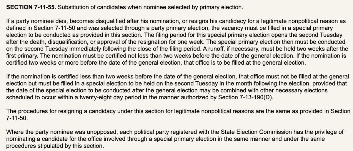 chriscooperwcu's tweet photo. A few thoughts on the process to replace Lindsey Graham who passed away last night.*

Basics: The Governor (Henry McMaster) gets to appoint someone to fulfill the rest of Graham's term (up this yr), then there's a special election, the winner of which will run in November 🤏🧵 https://t.co/BMurrTqtJt